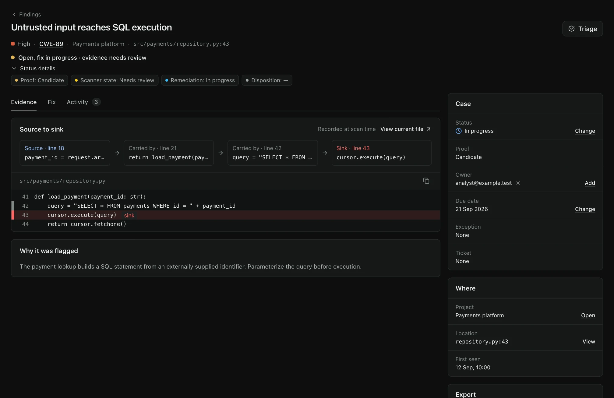 TraceMint AI Code Security workspace with illustrative project data.