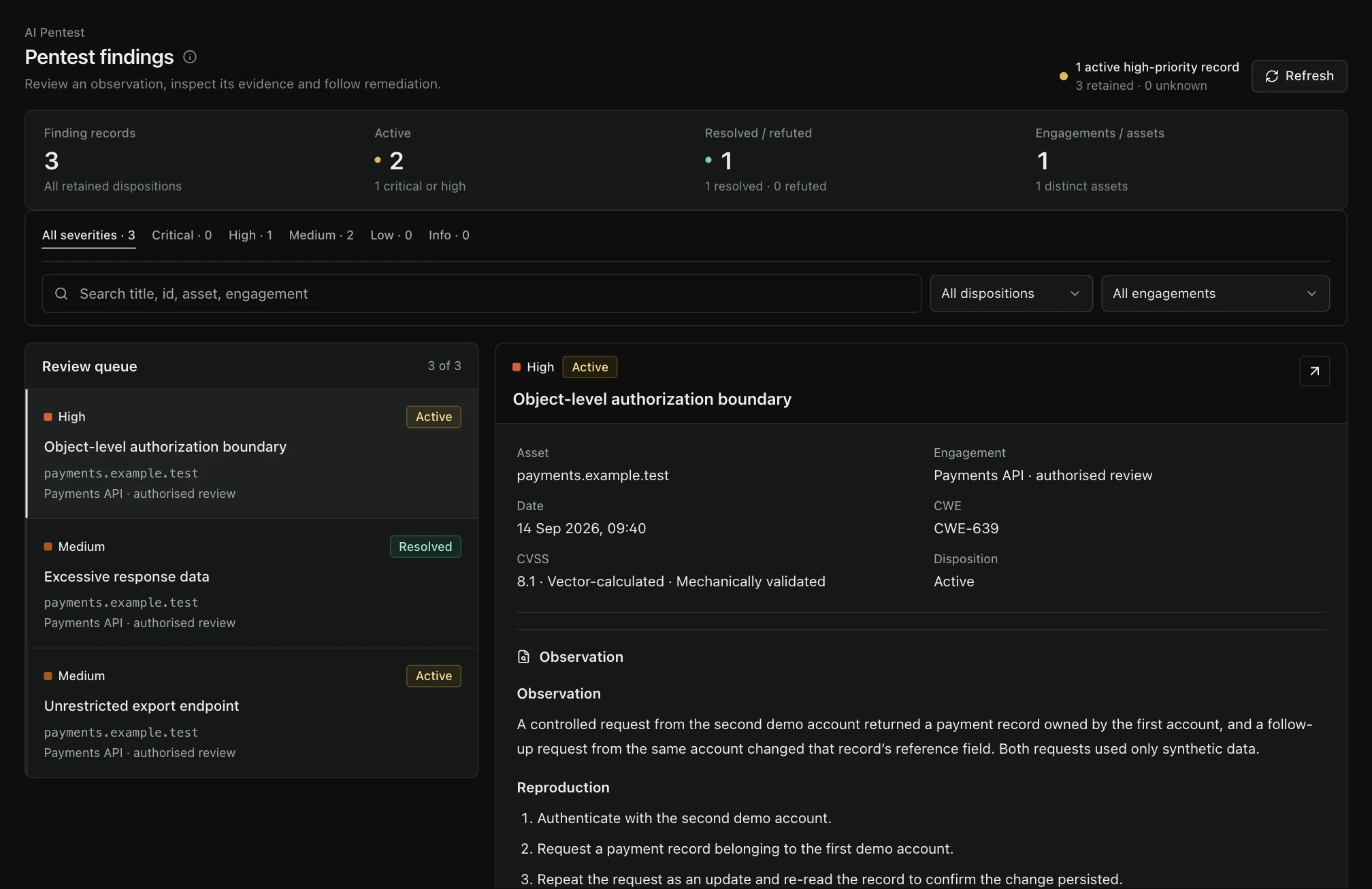 TraceMint AI Pentesting workspace with illustrative project data.