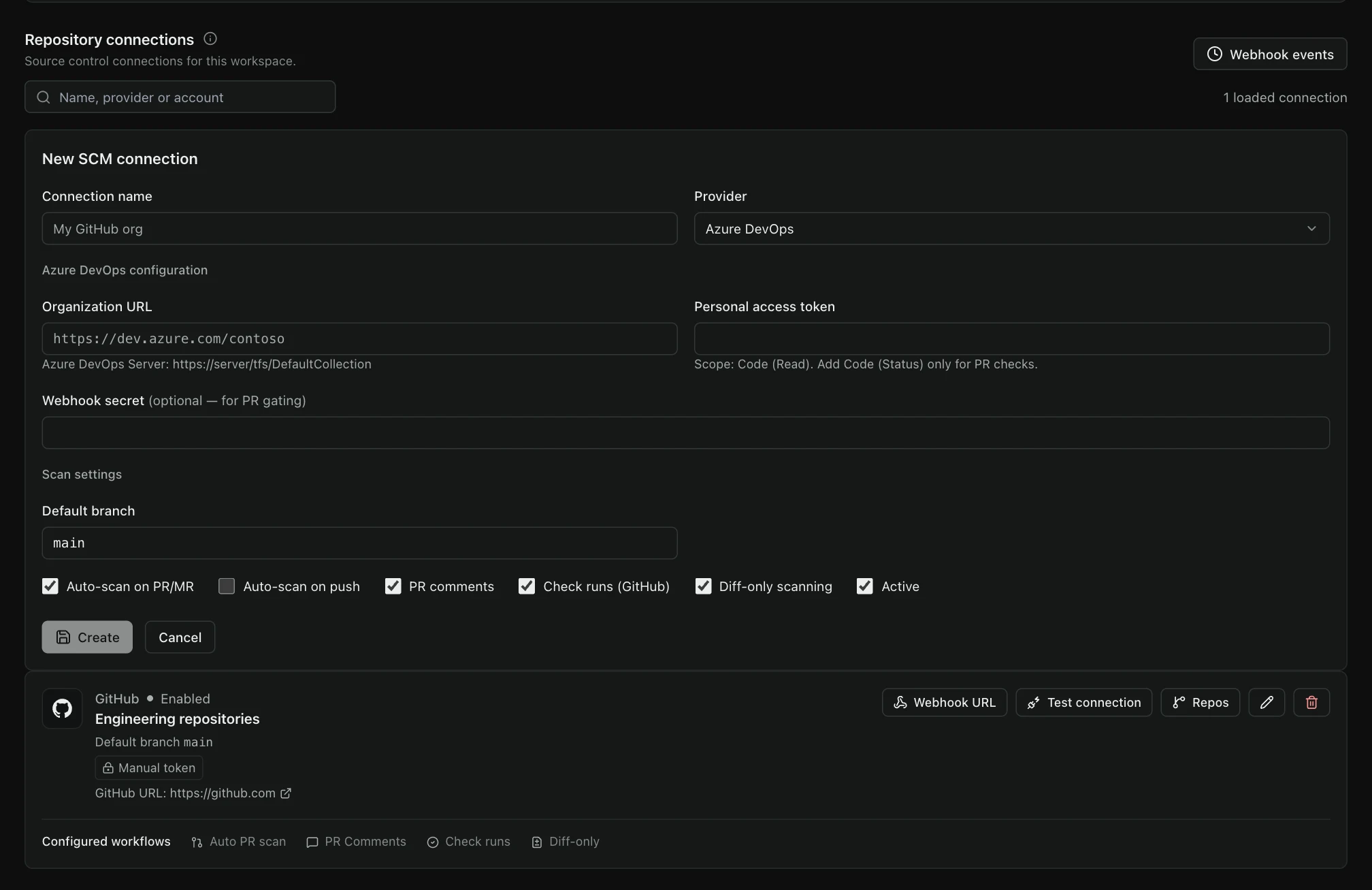 TraceMint manual Azure DevOps connection form with empty credential fields and an illustrative GitHub connection below. No provider account is connected by this example.